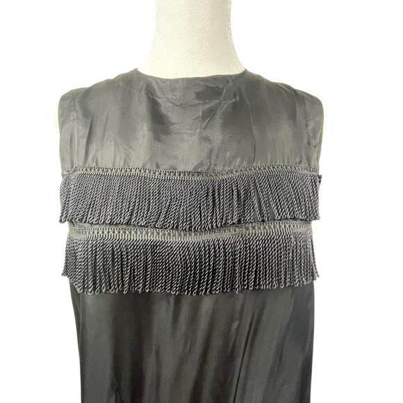 VTG 60s Black Satin Fringe Flapper Dress Size M Handmade Disco Hippy Whimsigoth - Picture 2 of 8